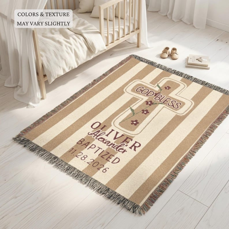 Personalized Baptism Boy Woven Blanket, God Bless Christian Baby Throw, Custom Cotton Floral Cross Catholic Gift, Heirloom Keepsake WBLAF12