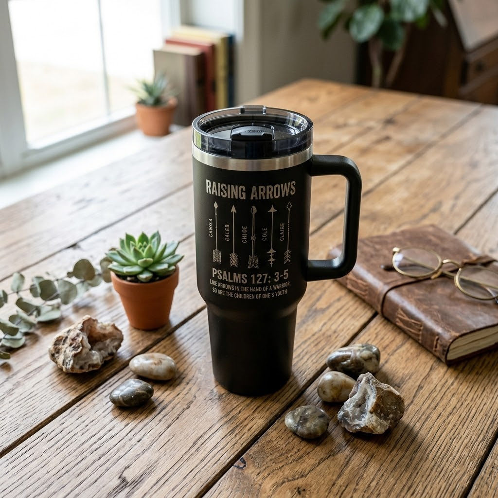 Personalized Raising Arrows Tumbler with Kids Names, Bible Tumbler, Psalm 127 Christian Travel Mug, Gift for Dad LAFN12