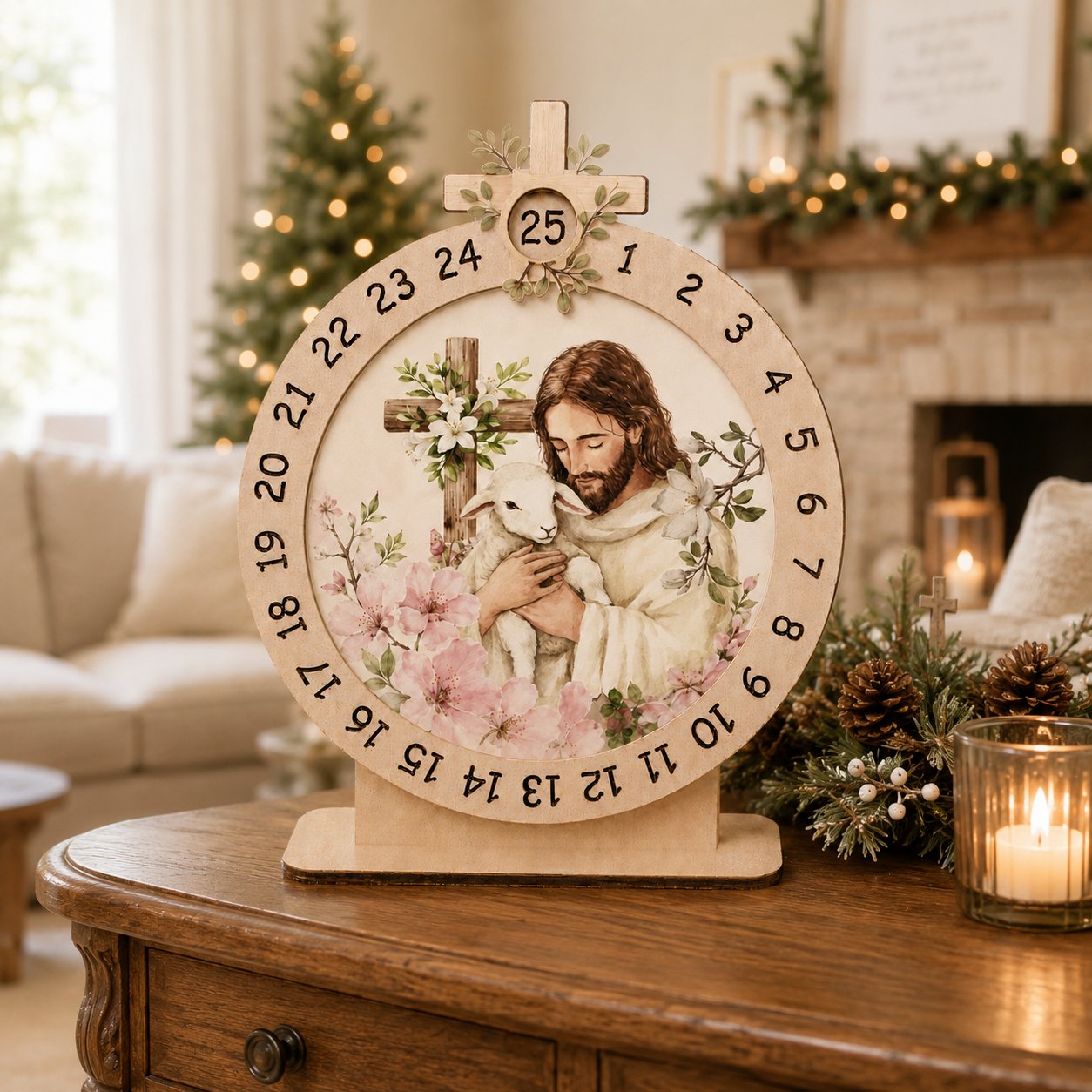 Wooden Jesus Cross Advent Calendar, Jesus Flower Wooden Sign, Custom Tabletop Religious Gift, Spinning Wheel Christmas Countdown Decor, Religious Christian Christmas Gift XMASW08