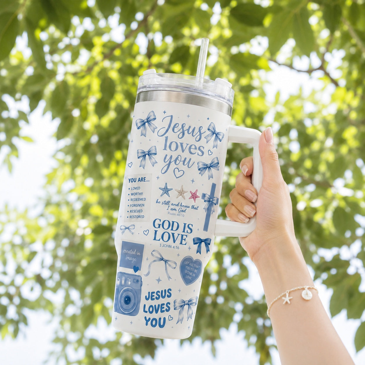 Christian Sea Blue 30oz/40oz Stainless Steel Tumbler with Handle, Faith-Inspired Travel Mug, Beach Style Tumbler, Insulated Mug with Straw, Christian Gift TUMB12