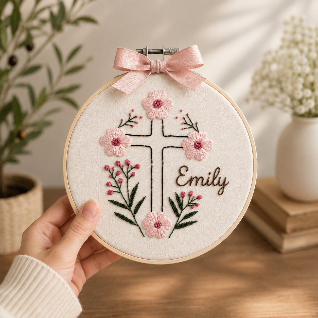 Personalized Hand Embroidered Floral With Cross Hoop Art, Custom Baby Name Baptism, Floral Christian Keepsake, Christian Hoop Art, Nursery Gift EHA40