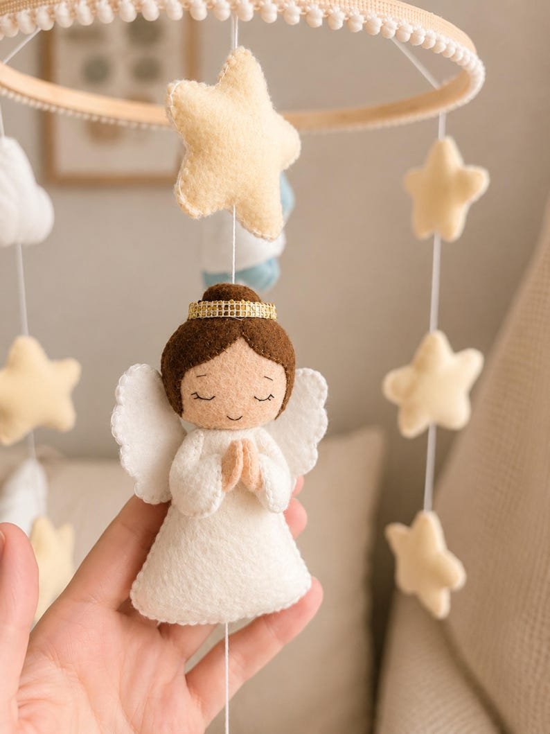 Personalized Felt Mary and Baby Jesus Felt Baby Mobile, Handmade Christian Guardian Angel LambChristmas Felt Crib Mobile, Christian Nursery Decor, Neutral Crib Mobile, Baby Baptism Gift FELTBMB12