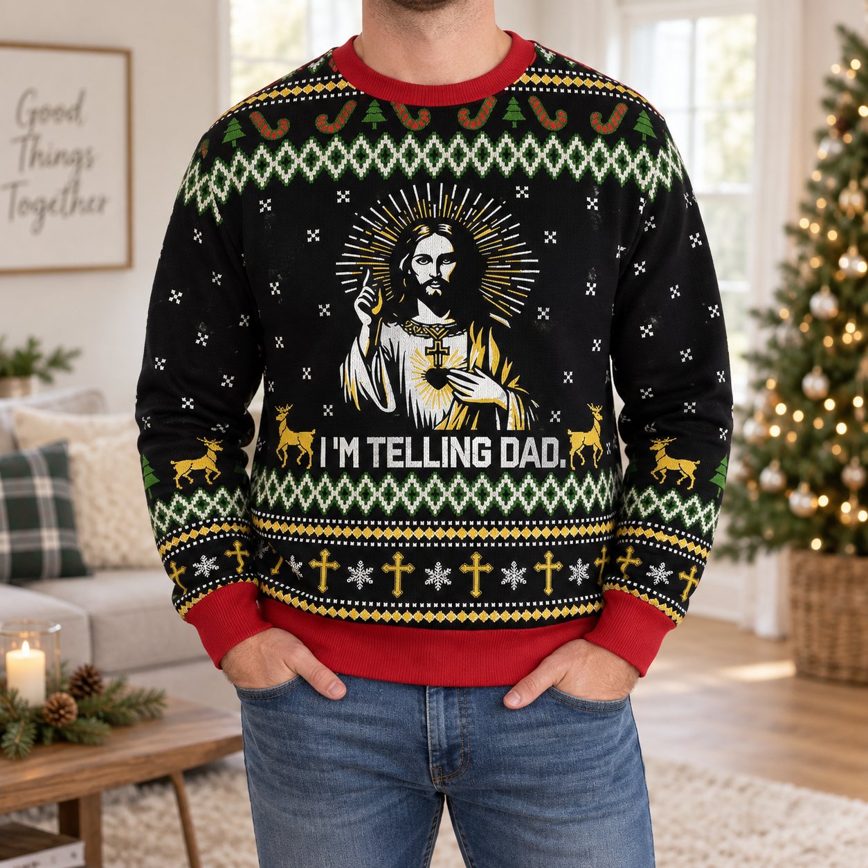 Jesus I’m Telling Dad Ugly Christmas Sweater, Funny Christian Holiday Sweatshirt, Religious Xmas Gift XMASUS12