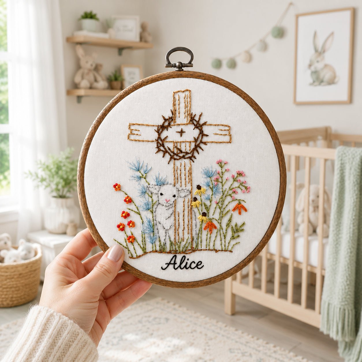 Personalized Cross Embroidery Hoop Art, Custom Name Christian Wall Decor, Lamb and Wildflower Nursery Gift, Baptism Keepsake Hoop EH11