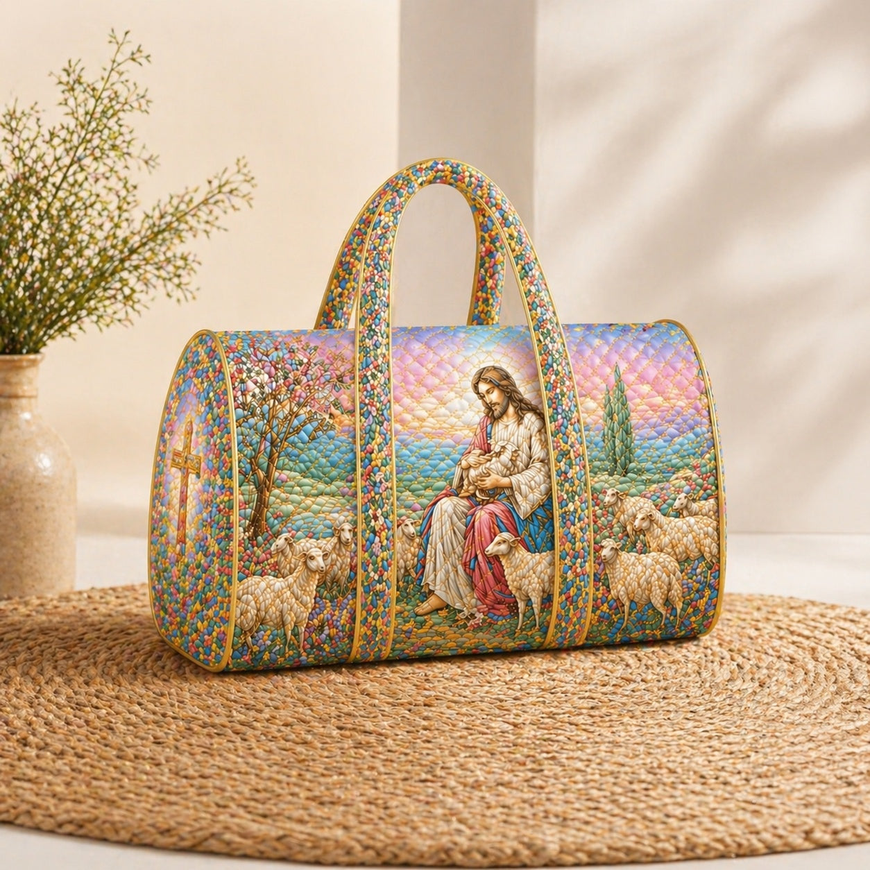 Jesus And Sheep Quilted Duffle Bag, Christian Weekender Bag, Jesus Duffle Bag, Jesus With Sheep Travel Overnight Bag, Religious Quilted Bag Gift QDB12