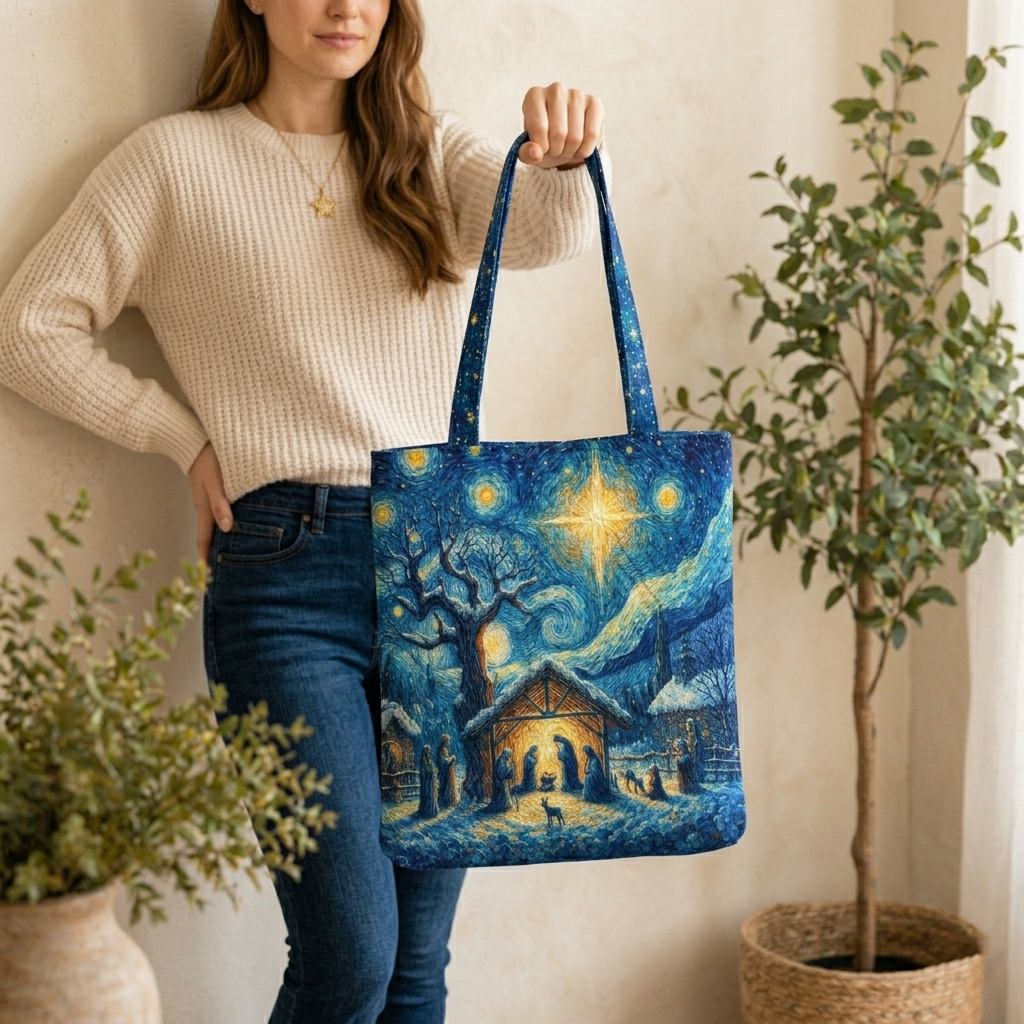 Nativity Starry Night Quilted Tote Bag, Christian Nativity Bag, Holy Family Manger Scene Religious Tote Bag, Christian Gift Bag QTTB12