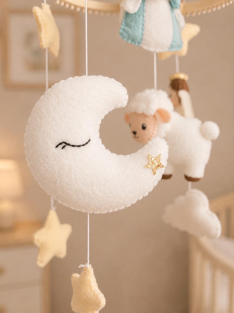 Personalized Felt Mary and Baby Jesus Felt Baby Mobile, Handmade Christian Guardian Angel LambChristmas Felt Crib Mobile, Christian Nursery Decor, Neutral Crib Mobile, Baby Baptism Gift FELTBMB12