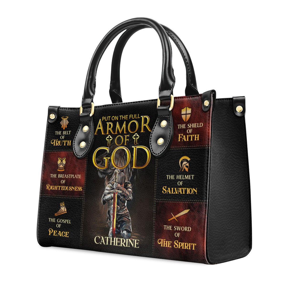 Personalized Christian Leather Handbag, Armor of God Purse with Name, Ephesians 6:10-18 Faith Tote Bag, Religious Gift for Women BLAF25