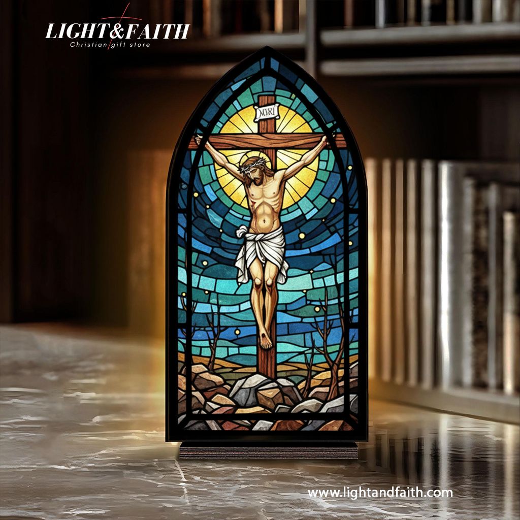 Christian Jesus Book Nook Decor, Crucifix LED Light, Stained Glass Window Style, Religious Home Decor Gift for Prayer Room, Easter or Christmas Gift BNLAF13