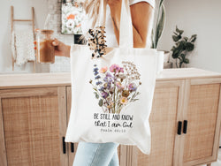 Boho Christian Tote Bag – Be Still and Know Psalm 46:10 – Floral Bible Verse Bag – Faith-Based Gift for Women – Reusable Canvas Tote – Religious Accessories