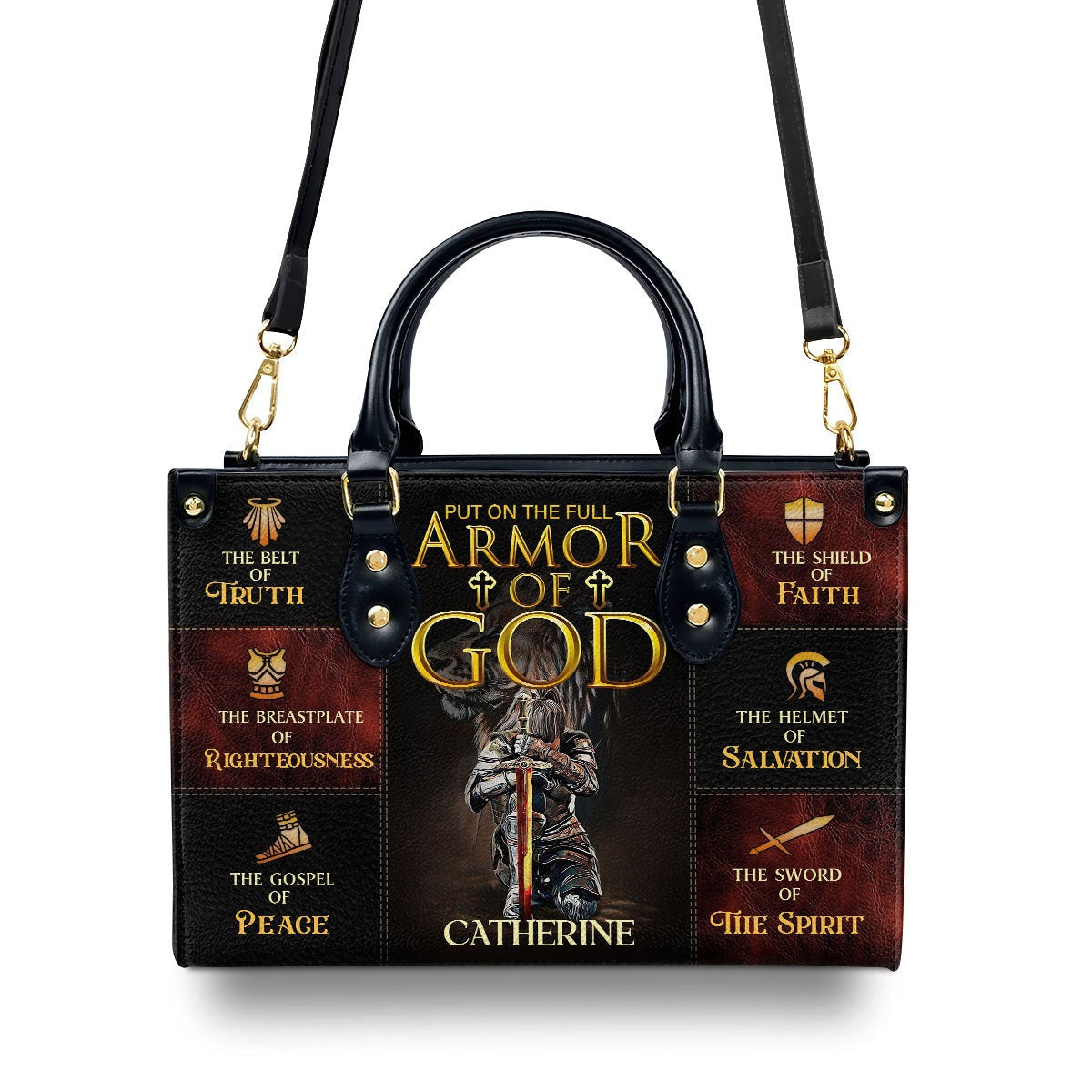 Personalized Christian Leather Handbag, Armor of God Purse with Name, Ephesians 6:10-18 Faith Tote Bag, Religious Gift for Women BLAF25