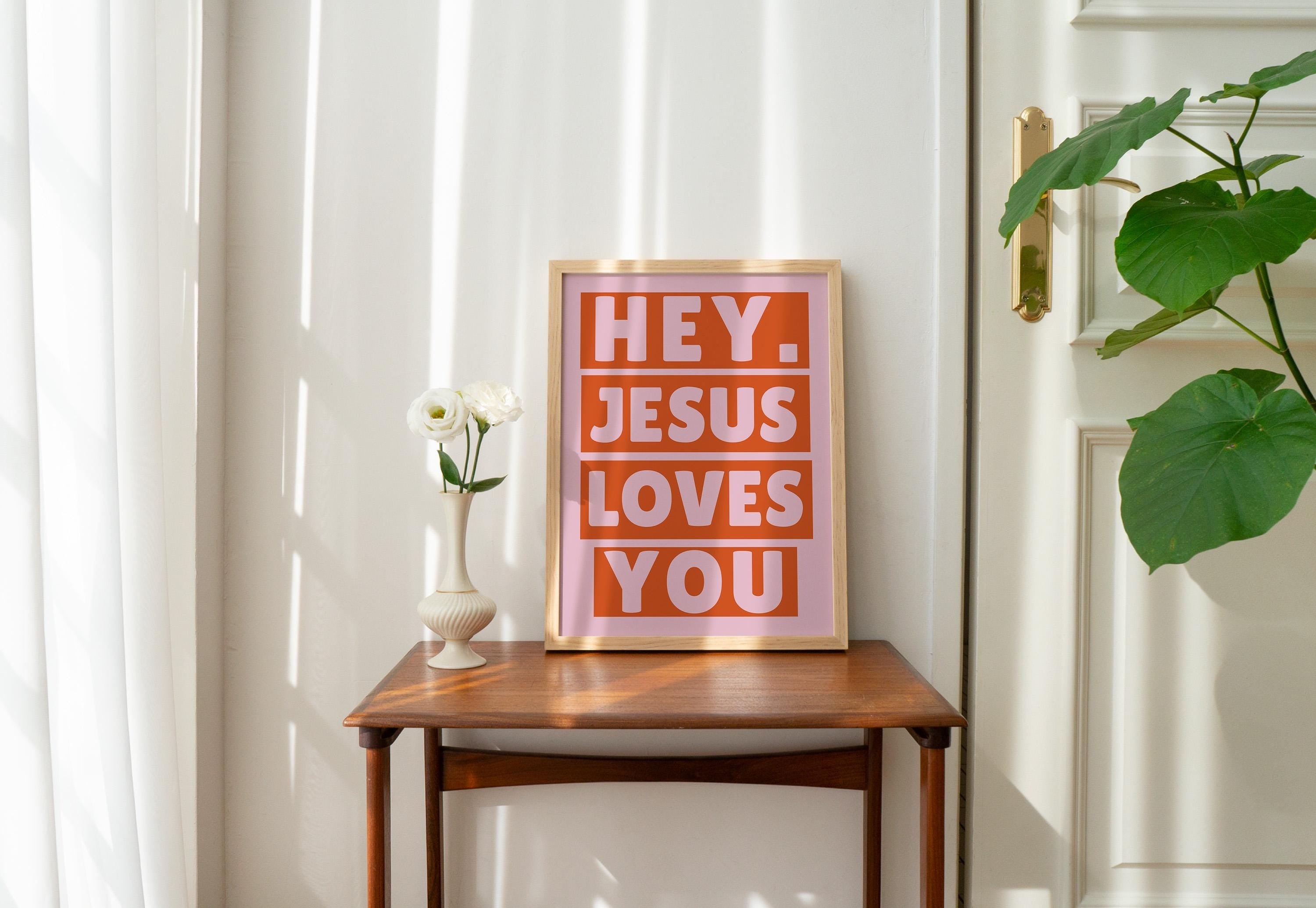 Hey Jesus Loves You Poster, Christian Wall Art, Bible Quote Print, Religious Inspirational Scripture Sign, Jesus Print for Home Decor