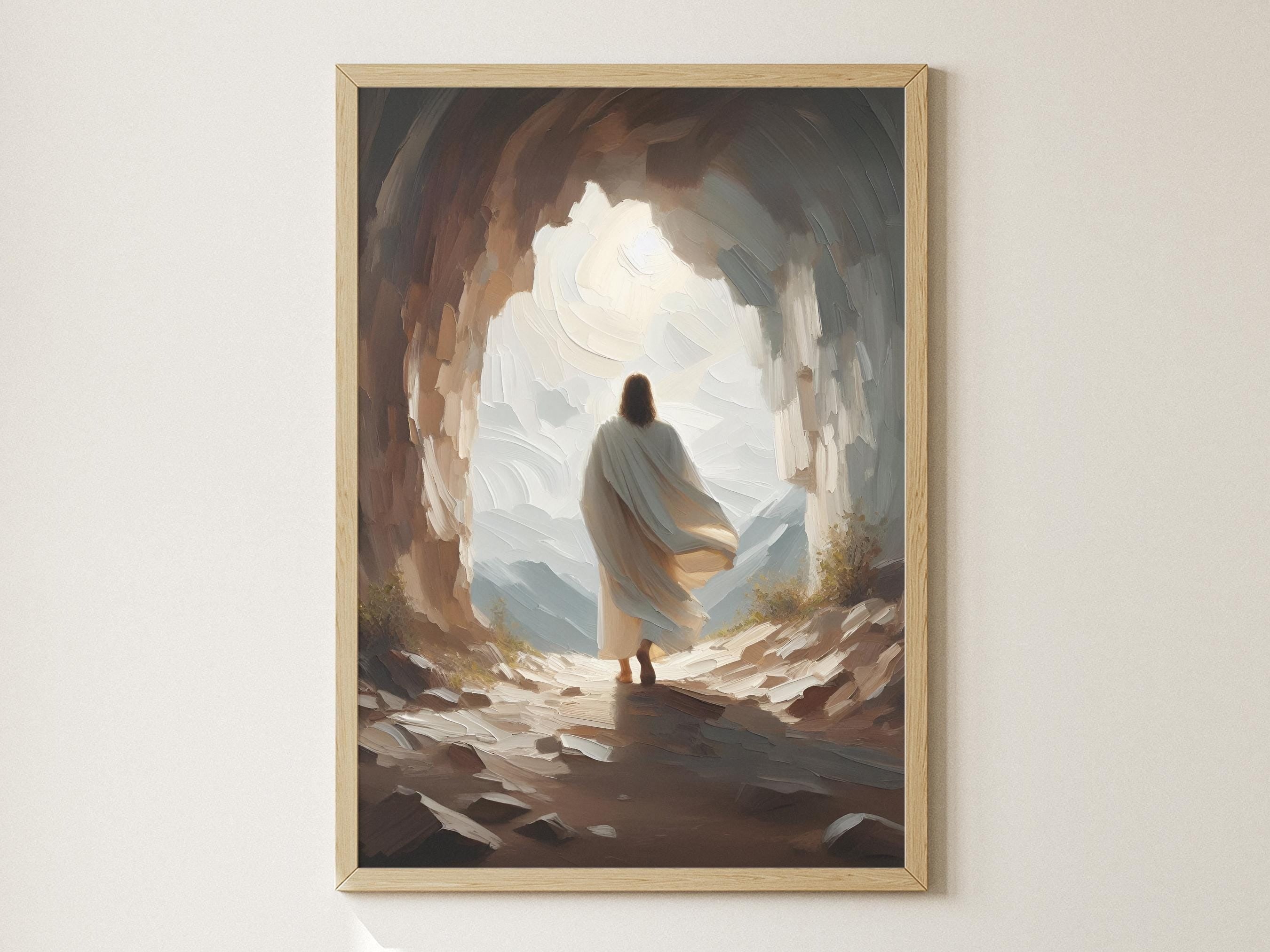 He Is Risen Poster, Empty Tomb Scene Poster, Jesus Resurrection Wall Art, Easter Digital Art Poster, Easter Wall Decor, Christian Poster