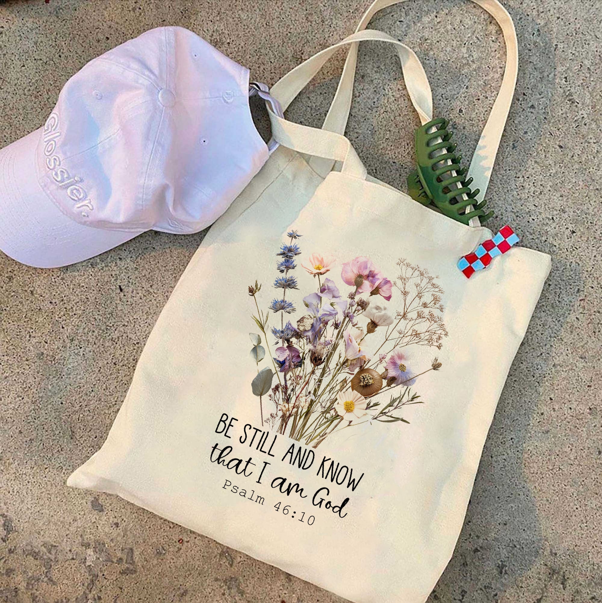 Boho Christian Tote Bag – Be Still and Know Psalm 46:10 – Floral Bible Verse Bag – Faith-Based Gift for Women – Reusable Canvas Tote – Religious Accessories TBLAF14