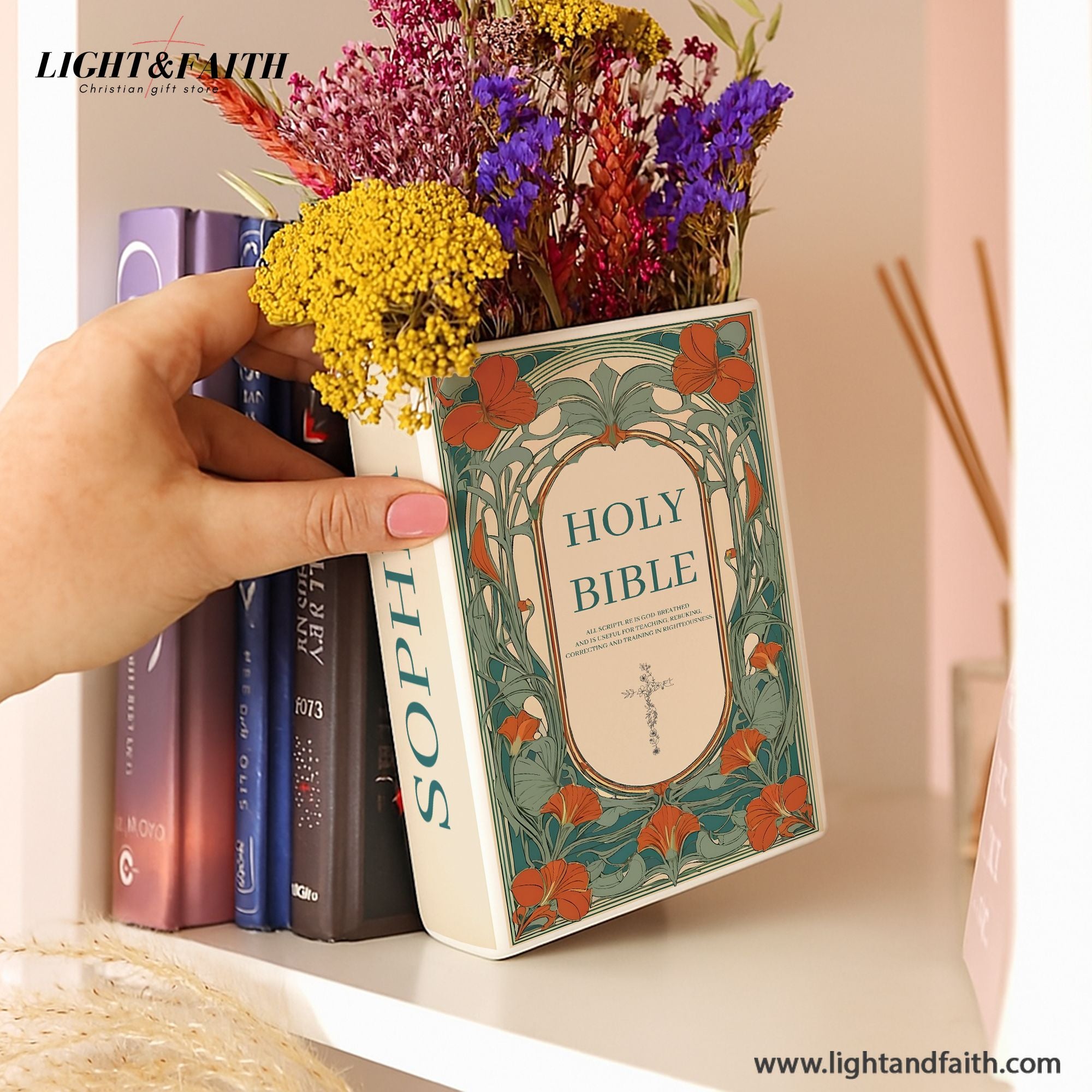 Personalized Holy Bible Vase, Ceramic Floral Book Decor with Scripture Verse, Bible Verse Book Shaped Flower Vase CBLAF13
