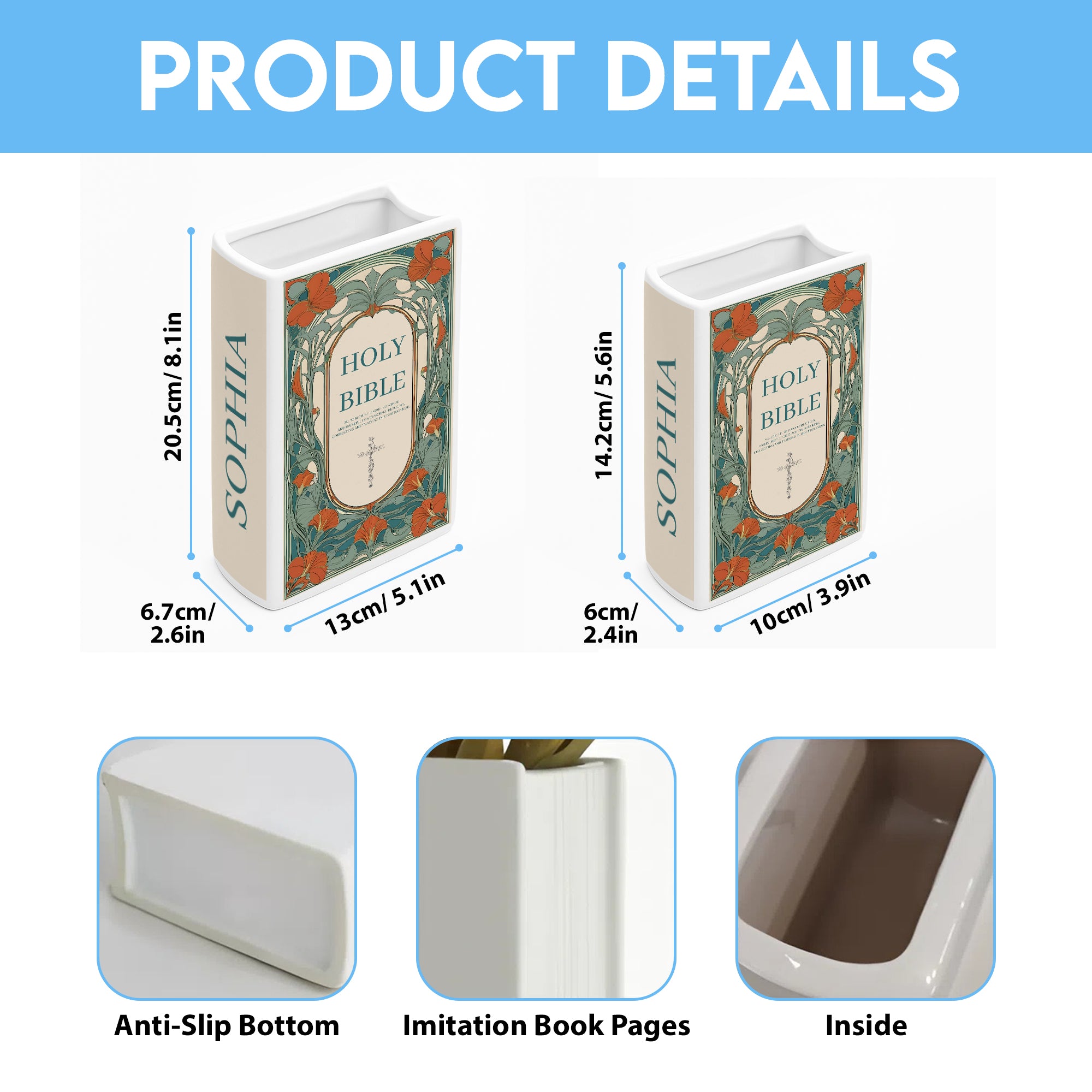 Personalized Holy Bible Vase, Ceramic Floral Book Decor with Scripture Verse, Bible Verse Book Shaped Flower Vase CBLAF13