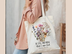 Boho Christian Tote Bag – Be Still and Know Psalm 46:10 – Floral Bible Verse Bag – Faith-Based Gift for Women – Reusable Canvas Tote – Religious Accessories