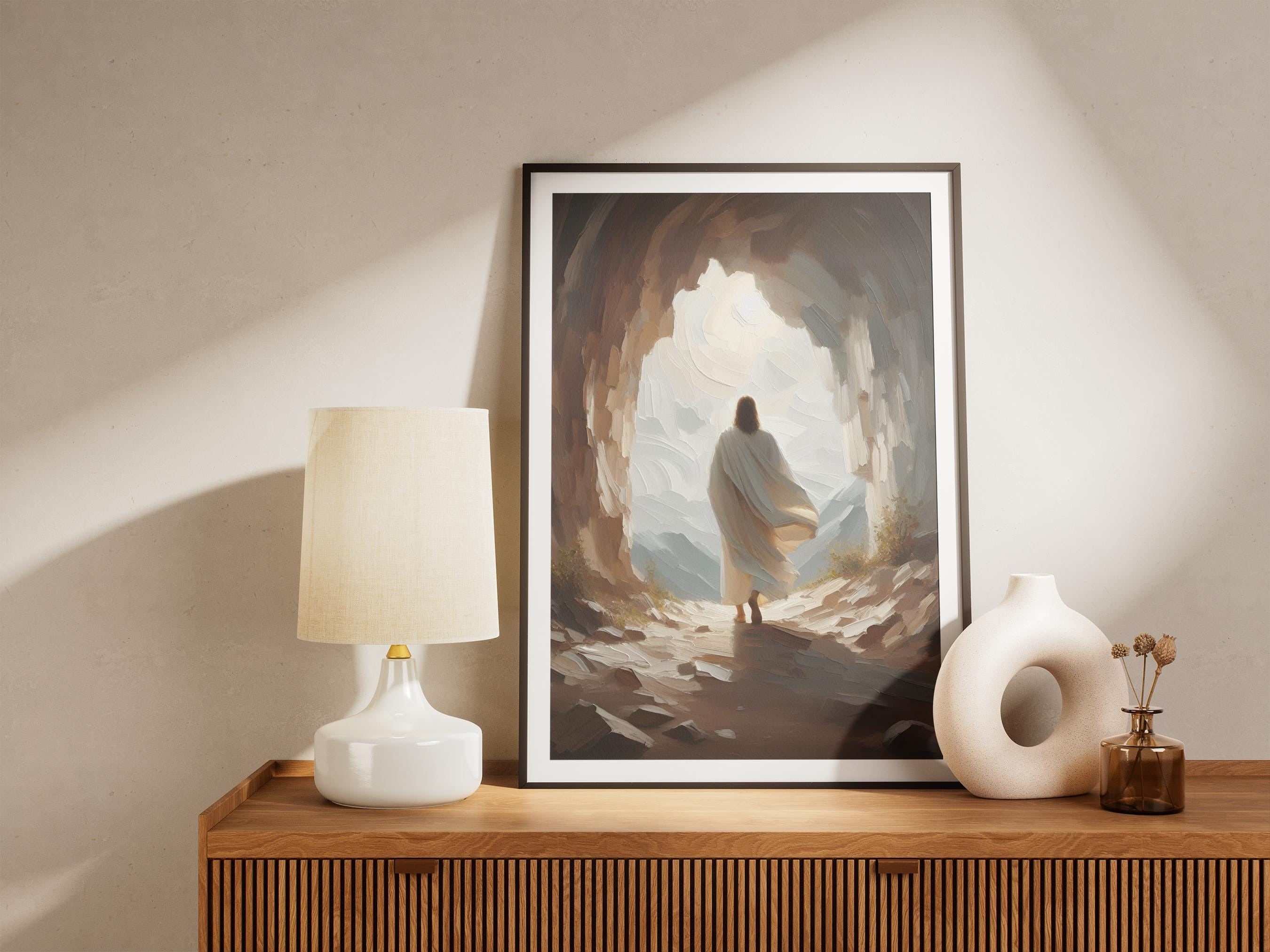 He Is Risen Poster, Empty Tomb Scene Poster, Jesus Resurrection Wall Art, Easter Digital Art Poster, Easter Wall Decor, Christian Poster