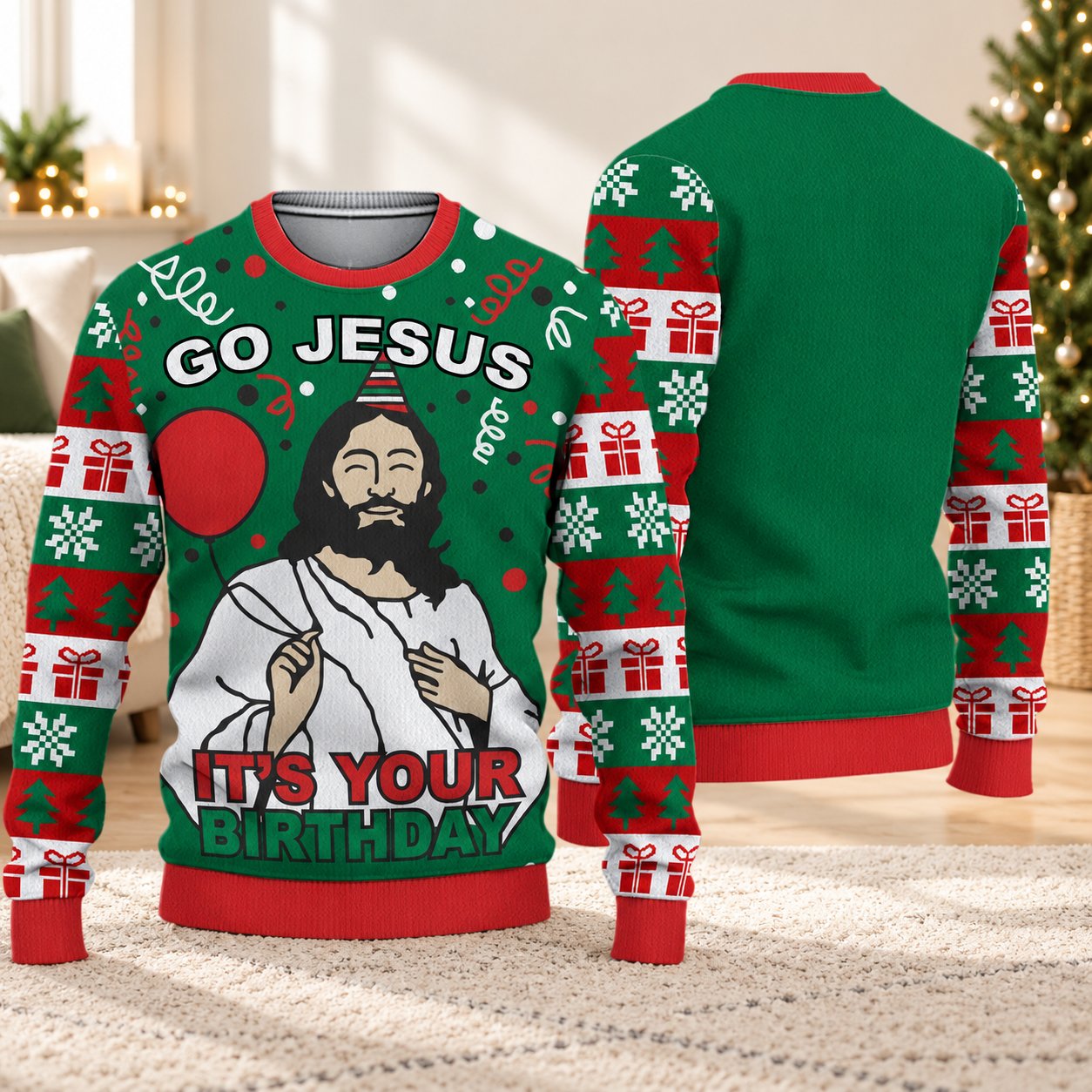 Go Jesus It’s Your Birthday Ugly Christmas Sweater, Funny Christian Holiday Sweatshirt, Religious Xmas Gift XMASUS13
