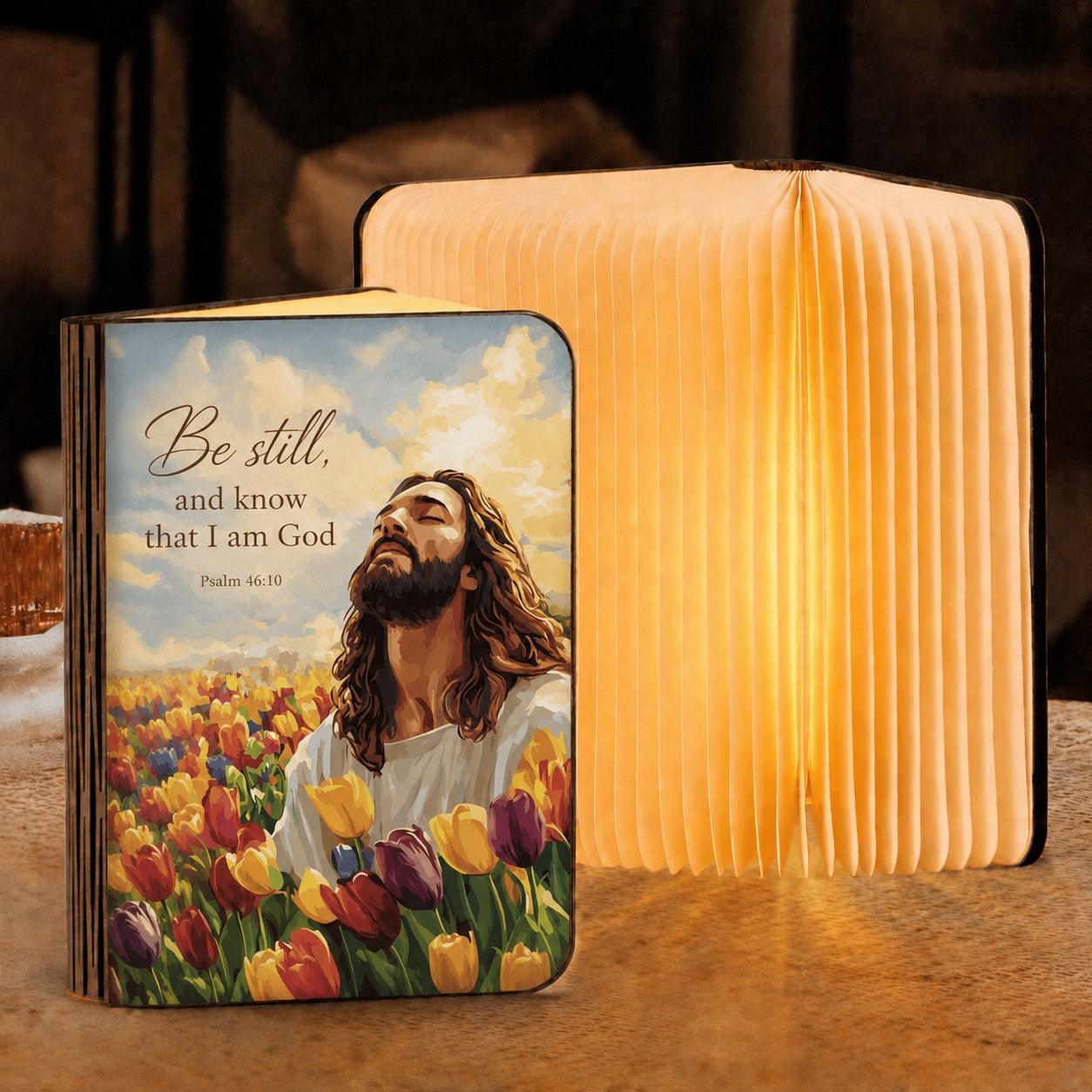 Personalized Be Still and Know - Psalm 46:10  Bible Book Lamp, Jesus LED Folding Book Light, Custom Christian Gift, The Bible LED Book Light, Baptism Gift BLLAF07
