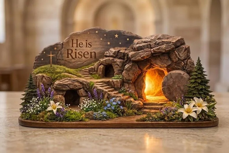 He Is Risen Easter Wooden Sign, Empty Tomb Scene, Jesus Resurrection Decor, Christian Home Display, Faith Gift
