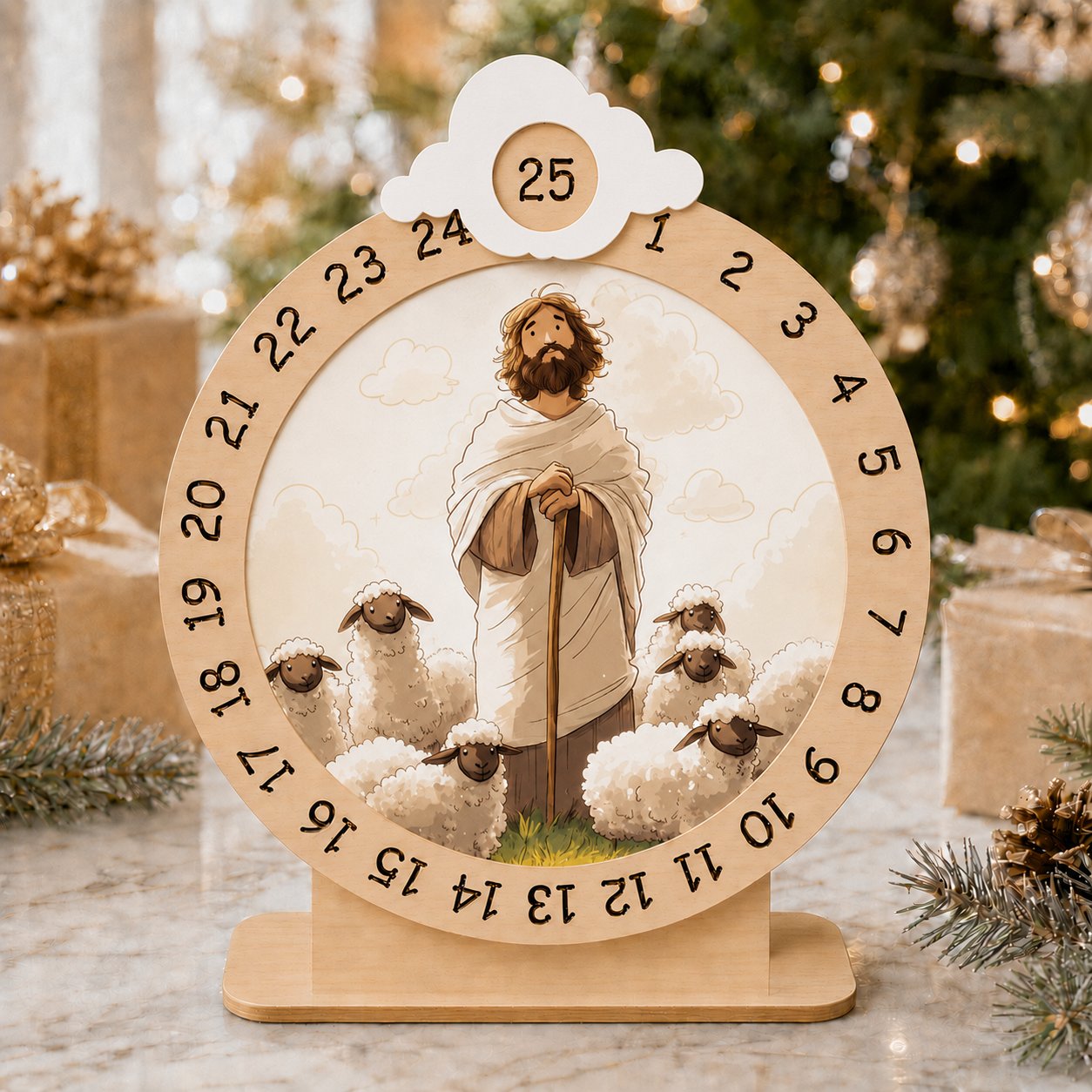 Wooden Jesus And Lamb Advent Calendar, Jesus Wooden Sign, Custom Tabletop Religious Gift, Spinning Wheel Christmas Countdown Decor, Religious Christian Christmas Gift XMASW09