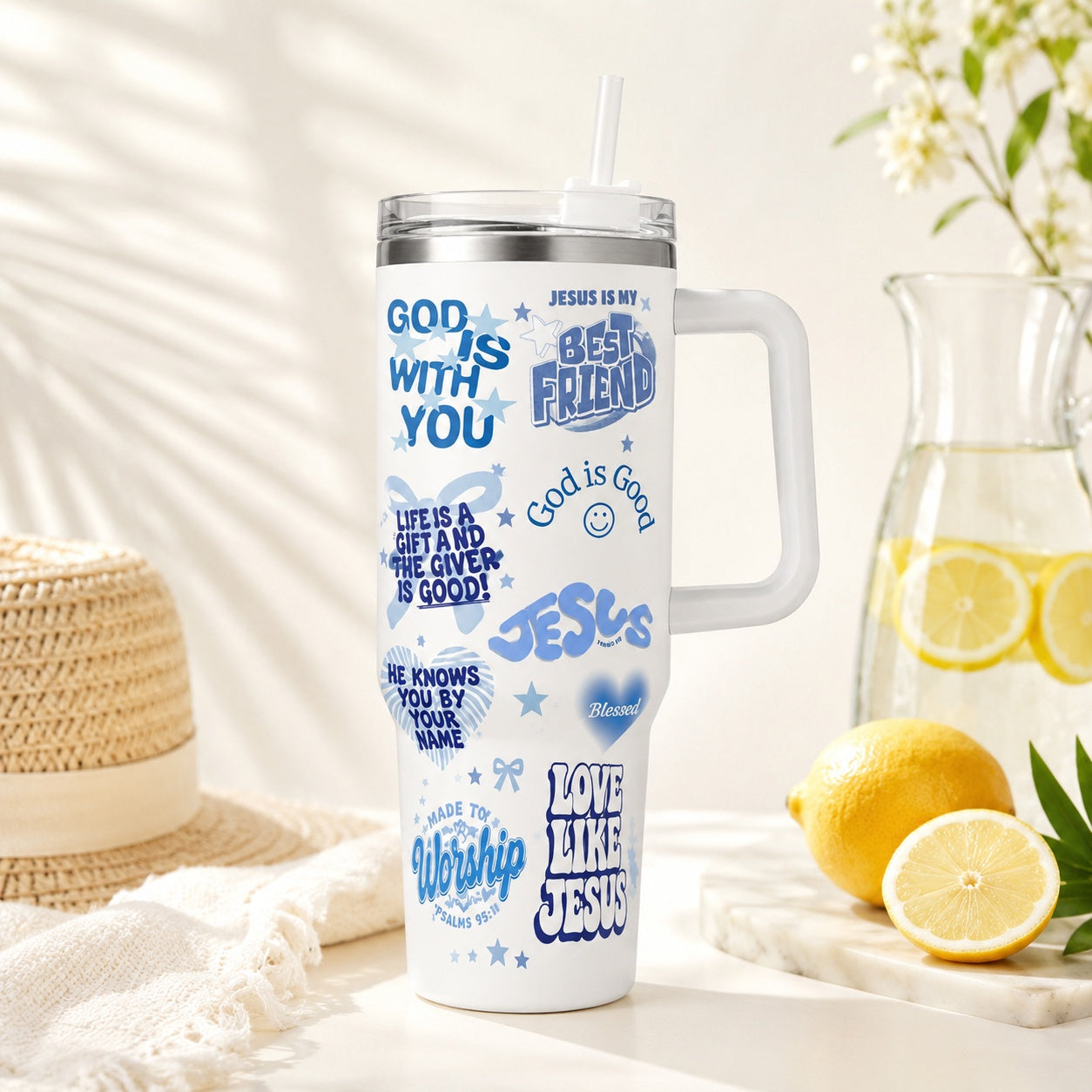 Love Like Jesus 30oz/40oz Stainless Steel Tumbler with Handle, Bible Verse Travel Mug, Beach Style Tumbler, Insulated Mug with Straw, Christian Gift TUMB13