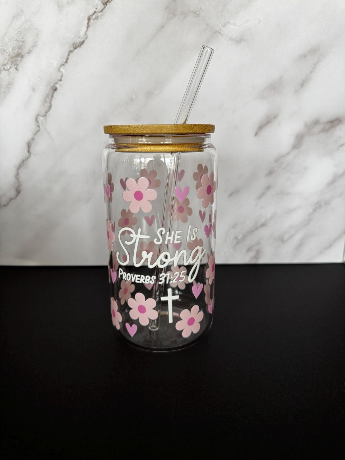 Christian Glass Can Cup with Lid, She Is Strong Proverbs 31:25 Bible Verse, Flower & Heart Design, Scripture Gift for Women GCLAF28
