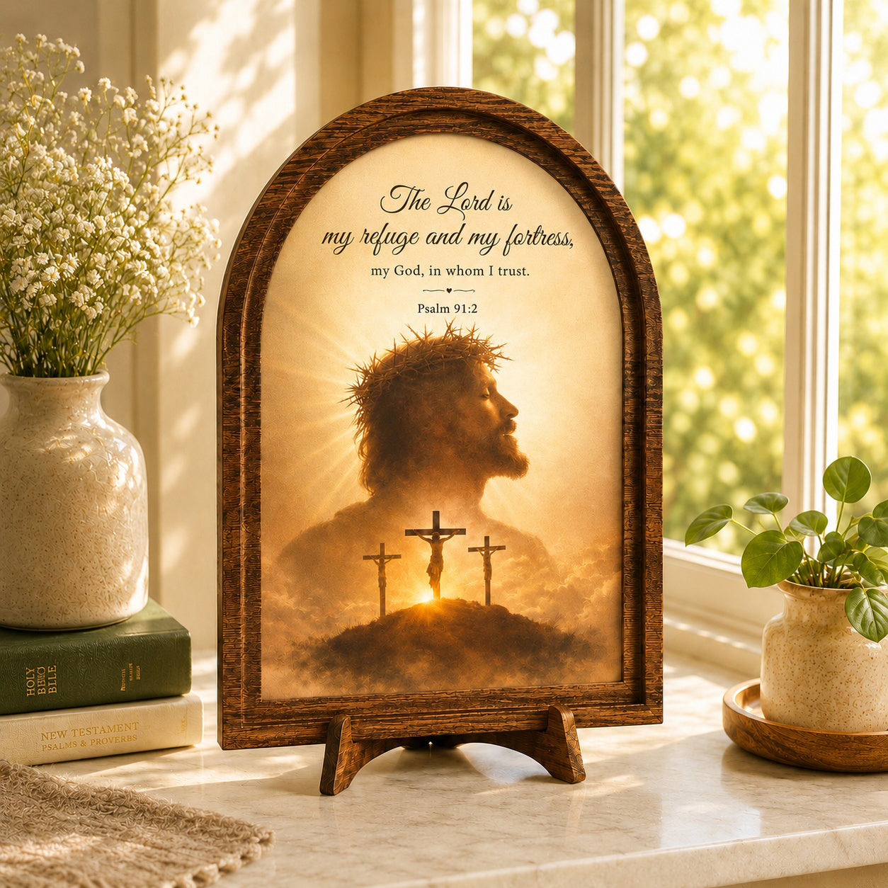 The Lord Is My Refuge - Psalm 91:2 Wood Framed Sign, Jesus on the Cross, Religious Tabletop Decor WS14