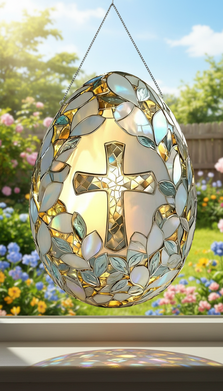 Cross Easter Egg Stained Glass Suncatcher, Christian Window Hanging, Religious Easter Decor, Floral Cross Sun Catcher, Faith Gift, Bible Home Decor SCLAF22