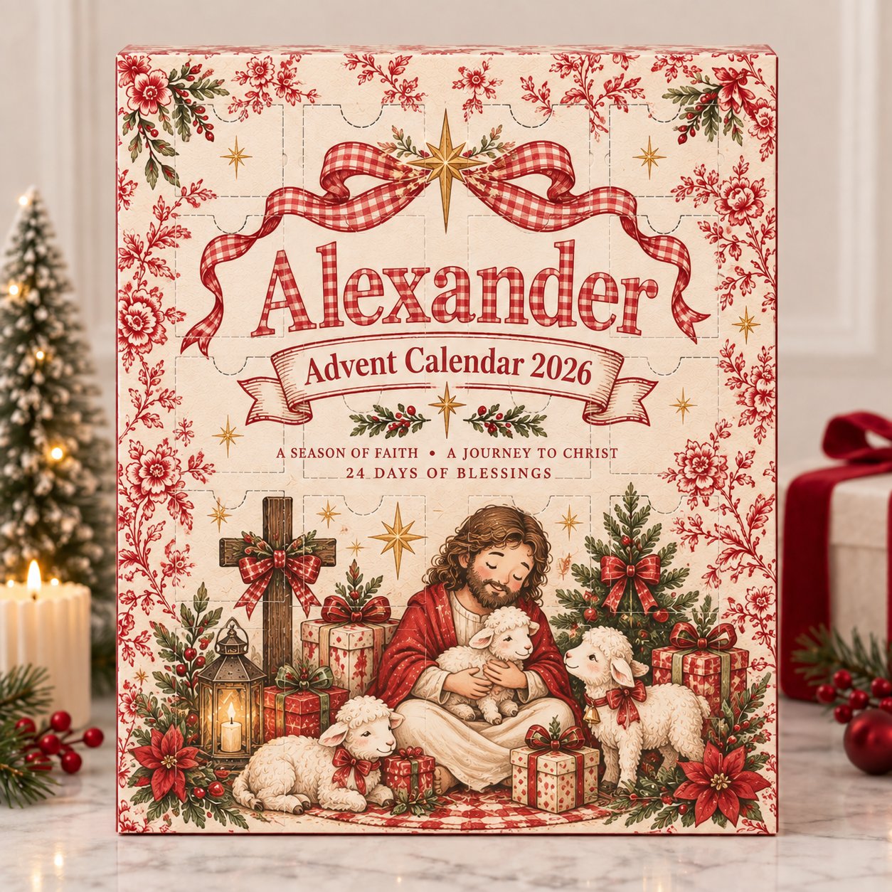 Personalized Gingham Christian Advent Calendar 2026, Jesus Family Christmas Advent Calendar, Faith Based Holiday Countdown, 24 Days Christmas Tradition, Religious Gift for Kids Family ACG13