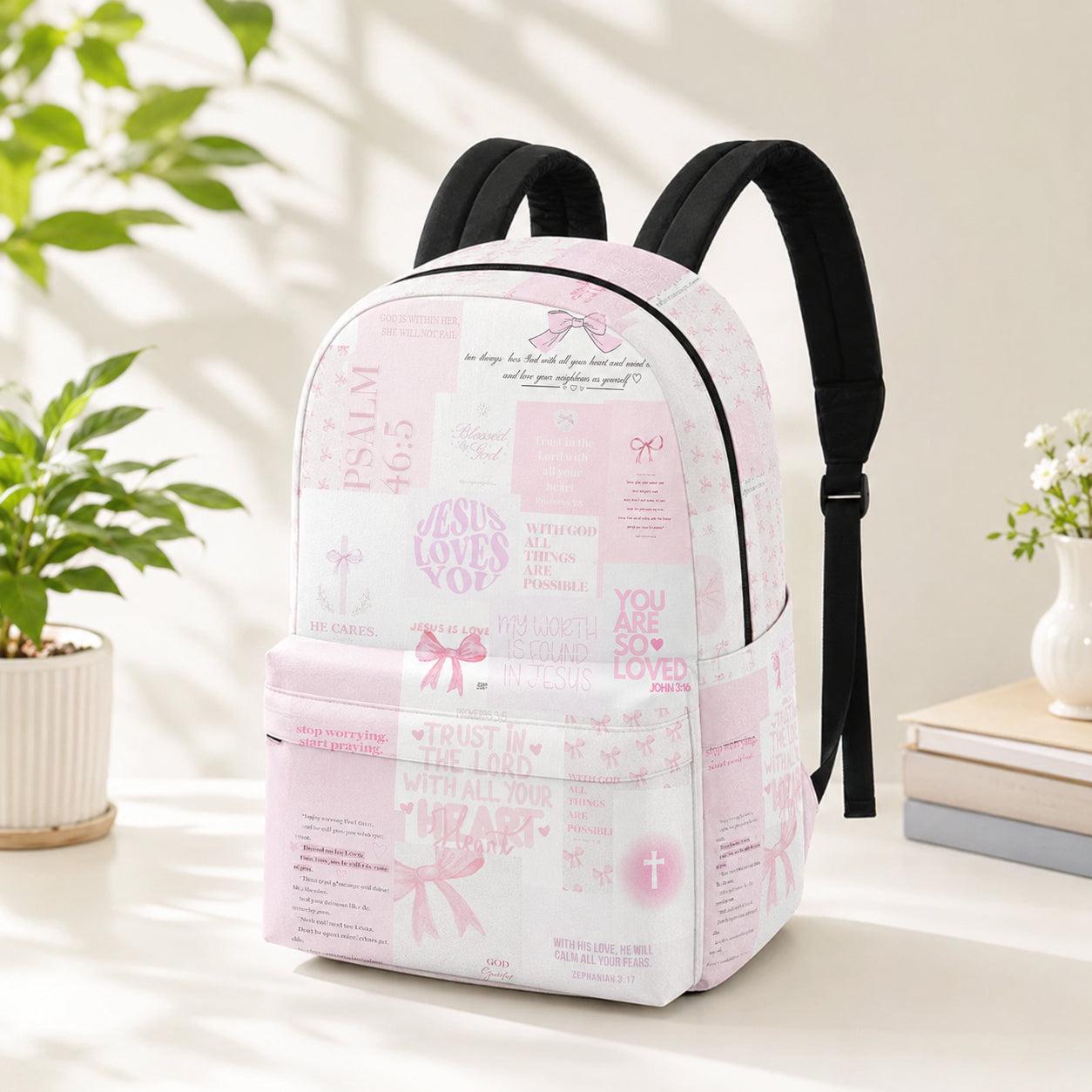 Pink Christian Backpack, Faith Over Fear Bible Verse School Bag, Bible Verse Backpack, Religious Book Bag, Back to School Christian Gift, Kid Adult Travel Backpack PLAF86