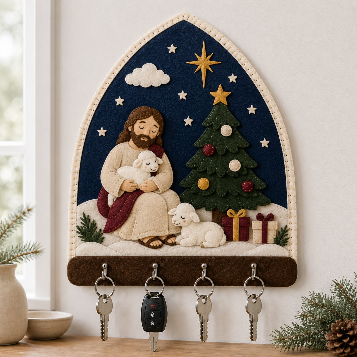 Jesus with Lamb Christmas Wall Felt Key Holder, Christian Holiday Wall Key Rack, Handmade Catholic Home Decor, Religious Housewarming Gift, Felt Custom FELTHD12