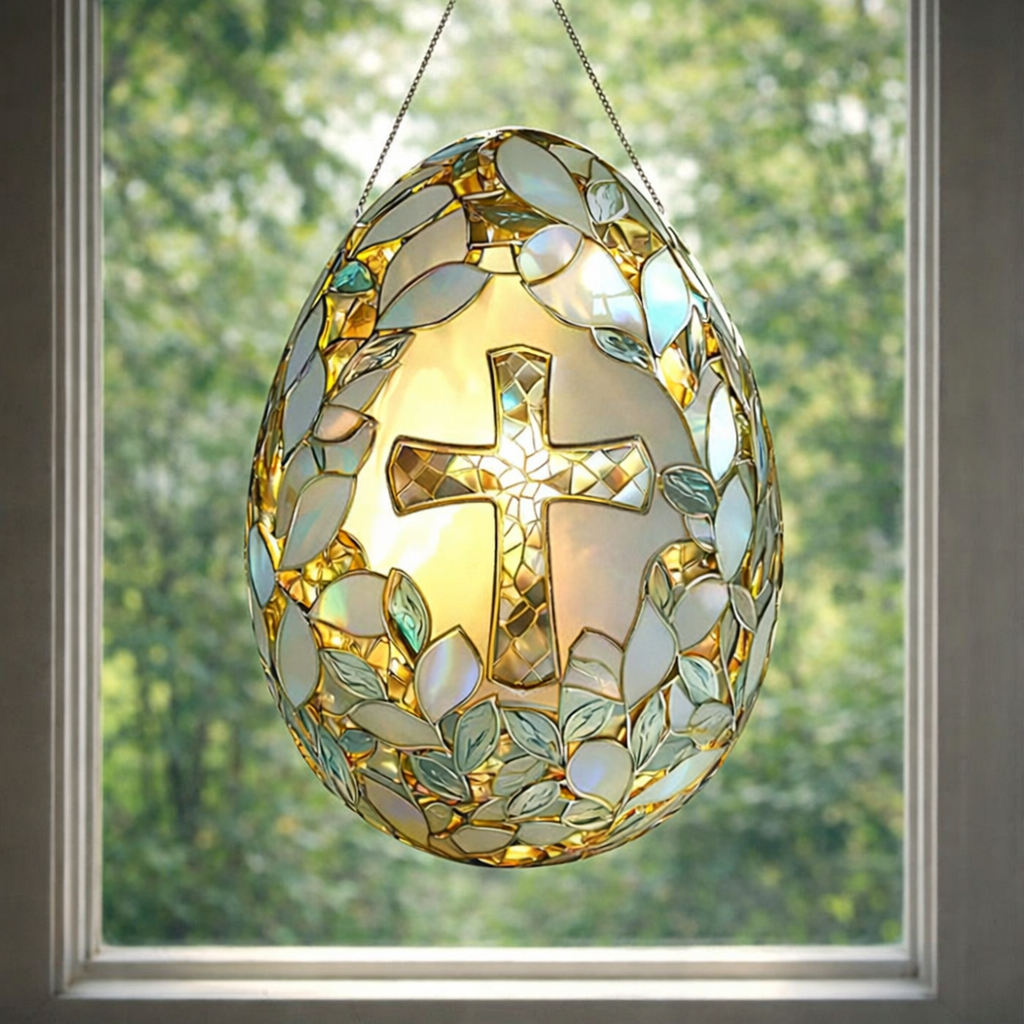 Cross Easter Egg Stained Glass Suncatcher, Christian Window Hanging, Religious Easter Decor, Floral Cross Sun Catcher, Faith Gift, Bible Home Decor SCLAF22