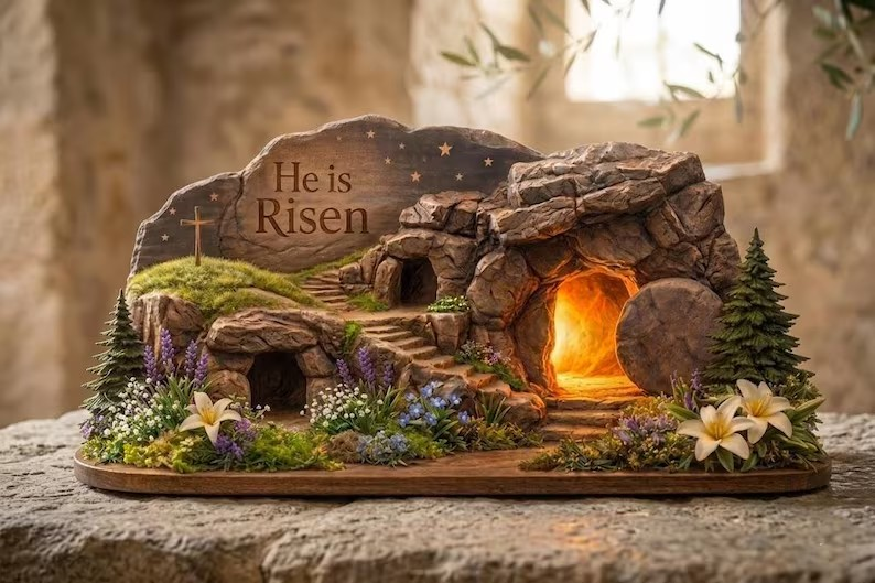 He Is Risen Easter Wooden Sign, Empty Tomb Scene, Jesus Resurrection Decor, Christian Home Display, Faith Gift