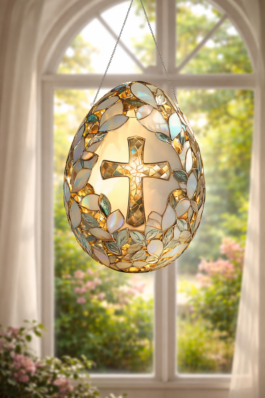 Cross Easter Egg Stained Glass Suncatcher, Christian Window Hanging, Religious Easter Decor, Floral Cross Sun Catcher, Faith Gift, Bible Home Decor SCLAF22