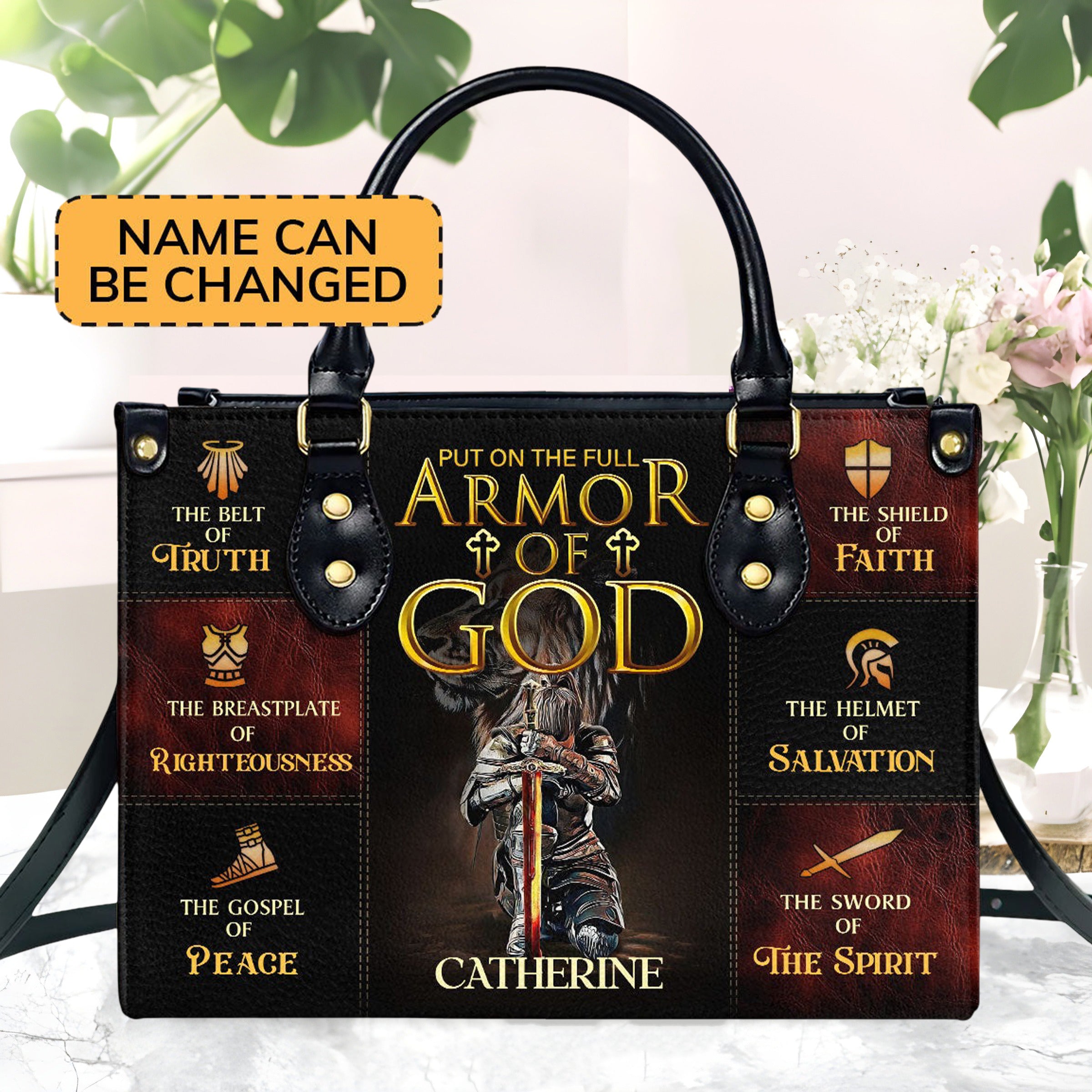 Personalized Christian Leather Handbag, Armor of God Purse with Name, Ephesians 6:10-18 Faith Tote Bag, Religious Gift for Women BLAF25
