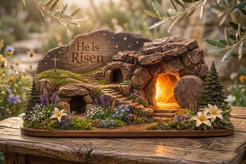 He Is Risen Easter Wooden Sign, Empty Tomb Scene, Jesus Resurrection Decor, Christian Home Display, Faith Gift