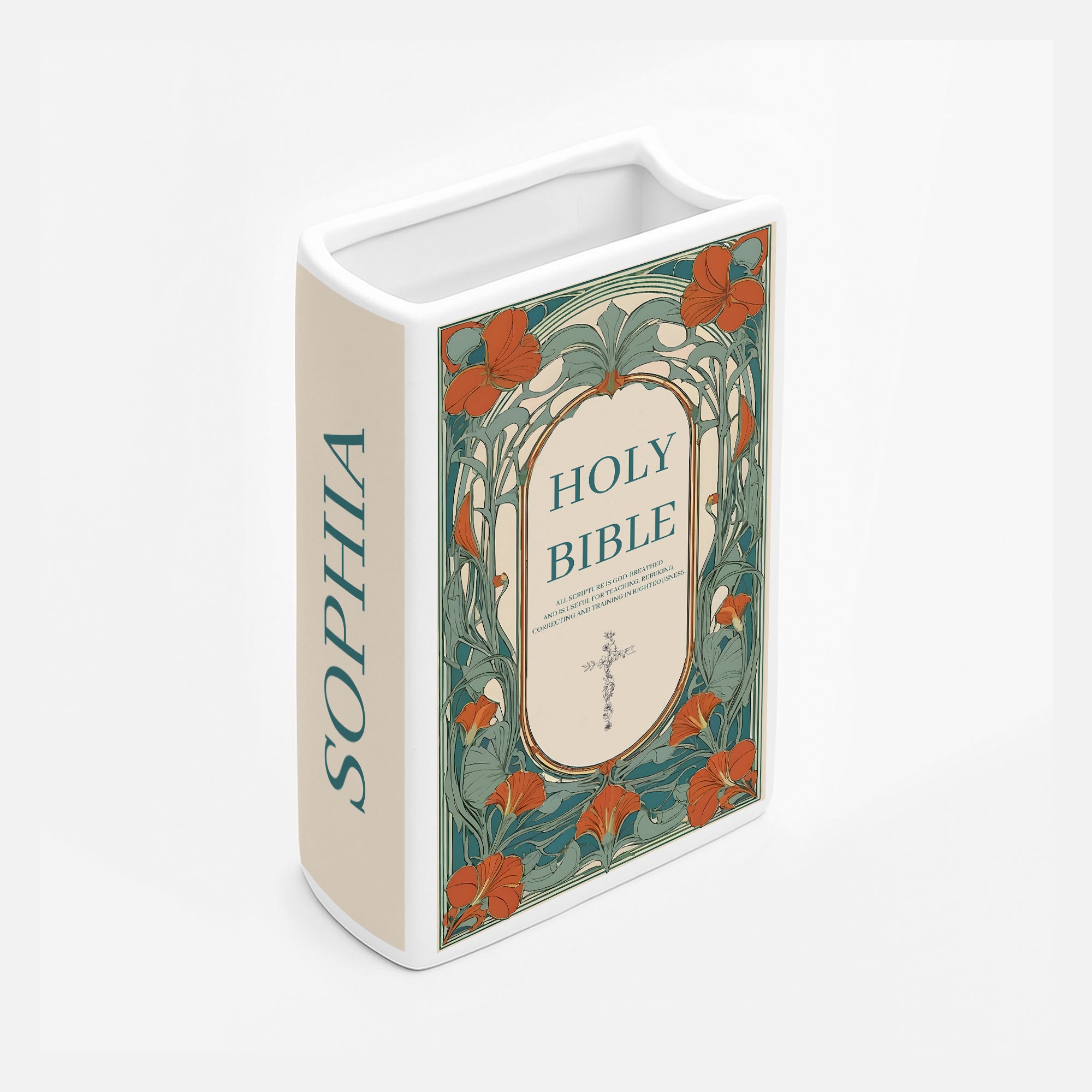 Personalized Holy Bible Vase, Ceramic Floral Book Decor with Scripture Verse, Bible Verse Book Shaped Flower Vase CBLAF13