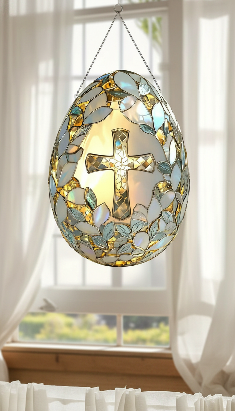 Cross Easter Egg Stained Glass Suncatcher, Christian Window Hanging, Religious Easter Decor, Floral Cross Sun Catcher, Faith Gift, Bible Home Decor SCLAF22