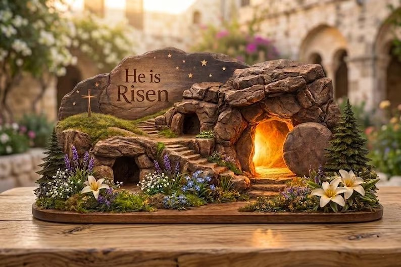 He Is Risen Easter Wooden Sign, Empty Tomb Scene, Jesus Resurrection Decor, Christian Home Display, Faith Gift