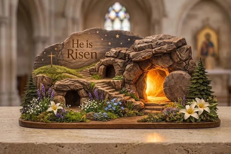 He Is Risen Easter Wooden Sign, Empty Tomb Scene, Jesus Resurrection Decor, Christian Home Display, Faith Gift
