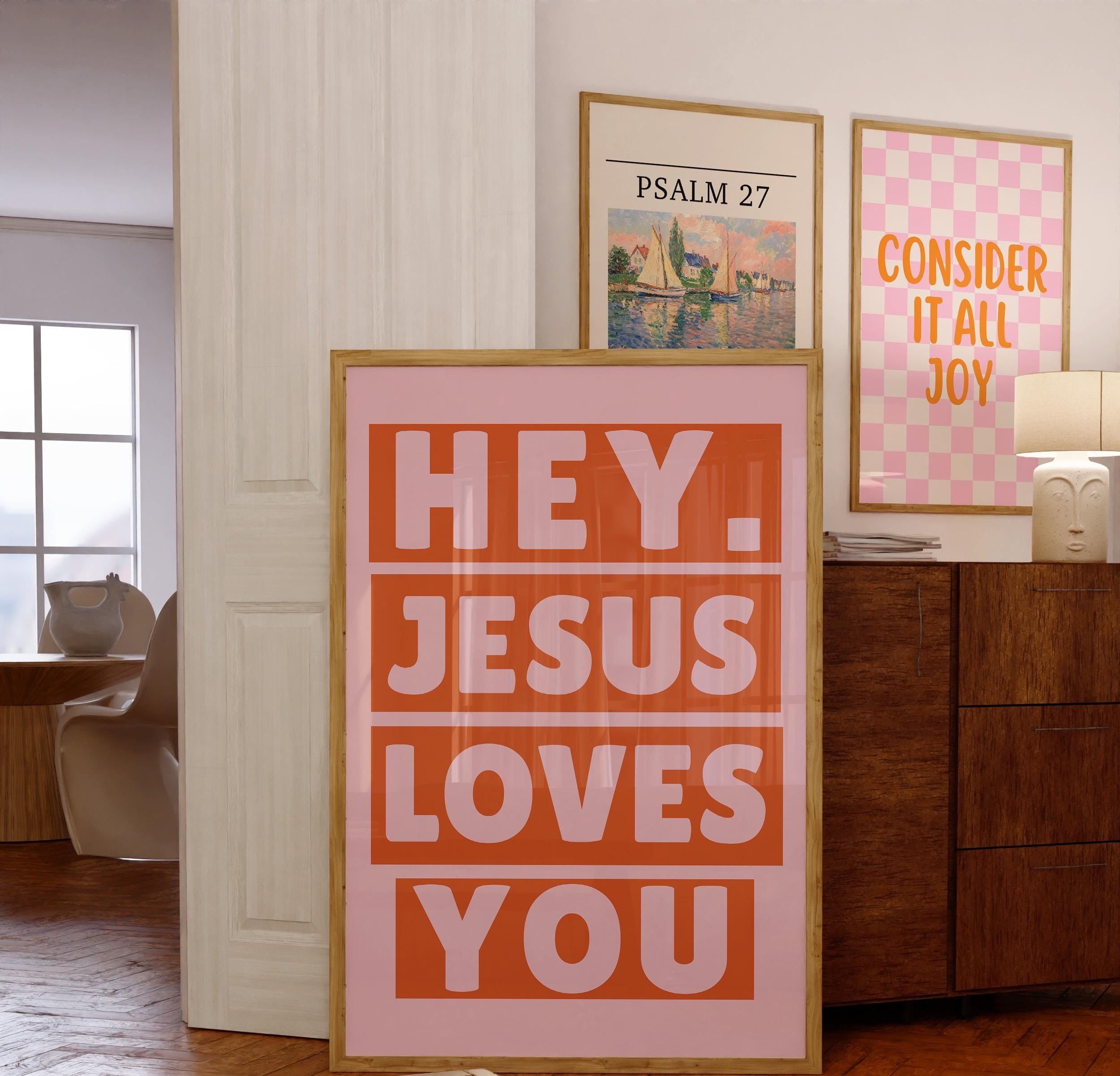 Hey Jesus Loves You Poster, Christian Wall Art, Bible Quote Print, Religious Inspirational Scripture Sign, Jesus Print for Home Decor