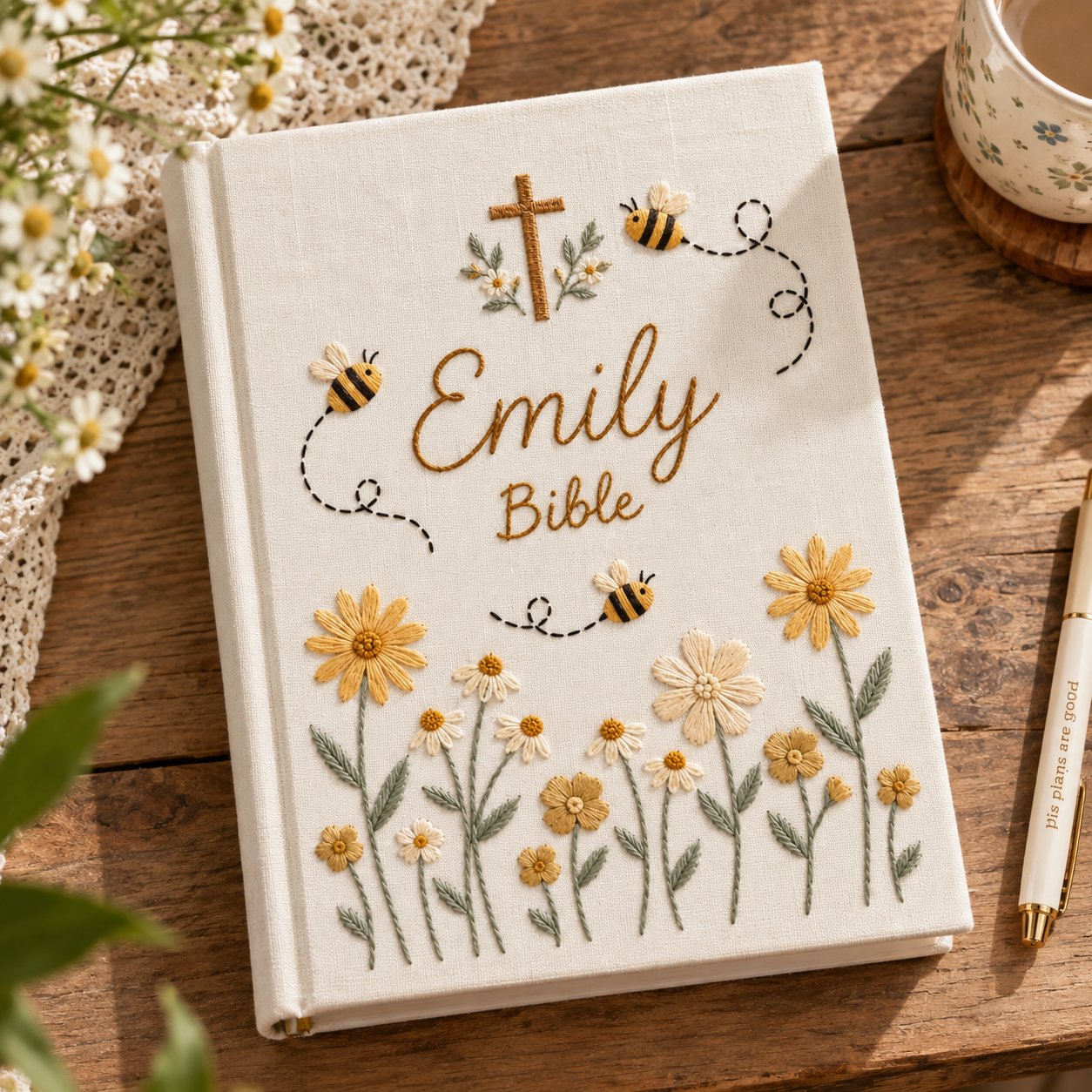 Personalized Bee Hand-Embroidery Bible Journal, Floral Linen Notebook, Custom Name Christian Journal, Handmade Prayer Notebook, Scripture Gift NB15