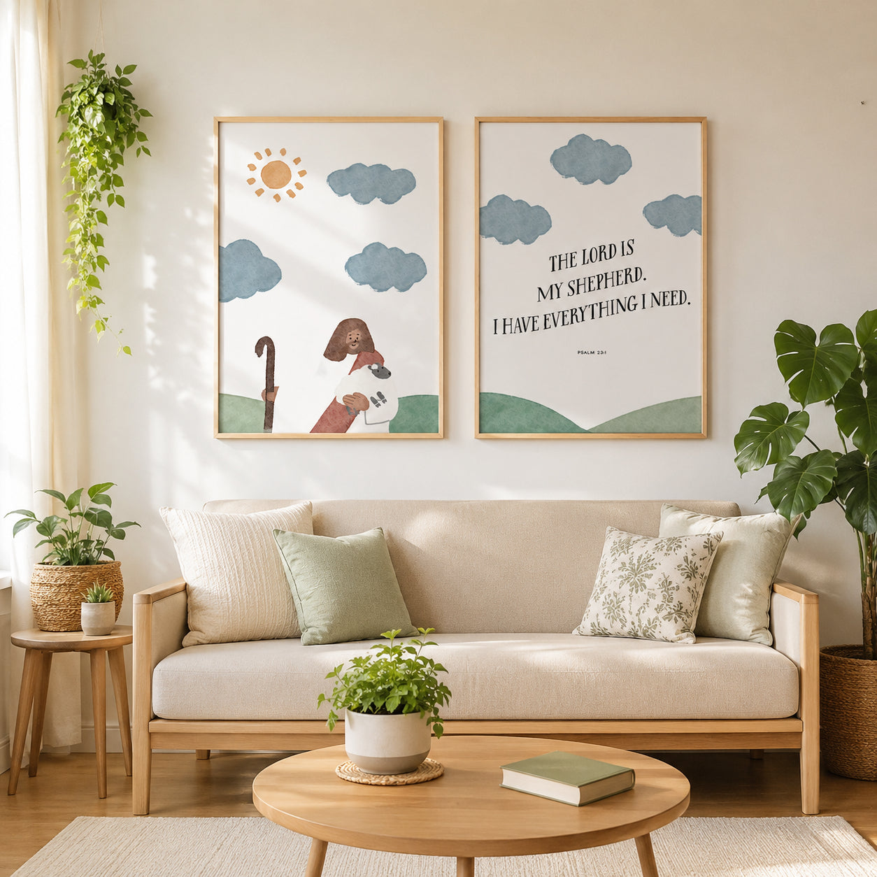 Christian Wall Art Set of 2, Jesus Good Shepherd and Psalm 23:1 Posters, The Lord Is My Shepherd Prints, Faith-Based Home Decor PTSET08