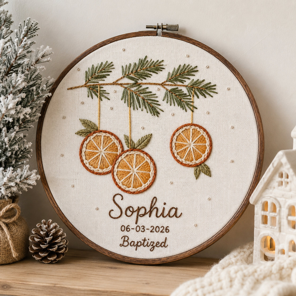 Personalized Hand Embroidered Baptism Hoop Art, Custom Baby Baptism, Winter Christmas Keepsake, Christian Hoop Art, Nursery Gift EHA41