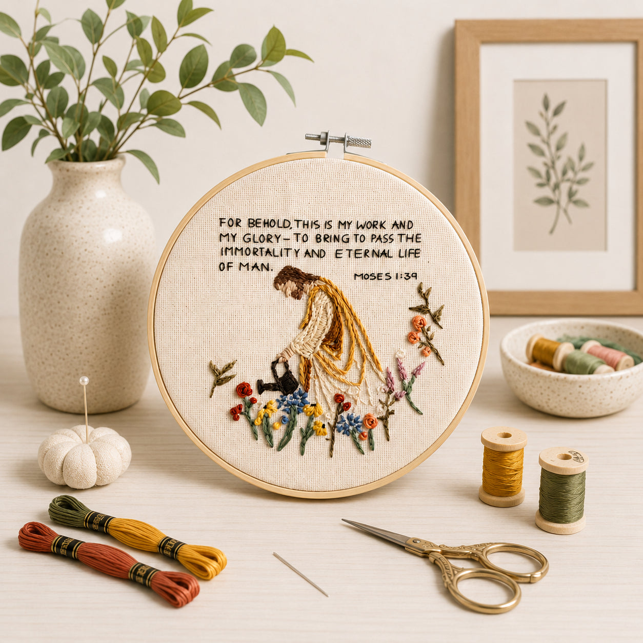 Moses 1:39 Scripture Embroidery Hoop Art, Handmade Jesus Watering Flowers Wall Decor, Christian Faith Gift, Religious Needlework Hoop EH09