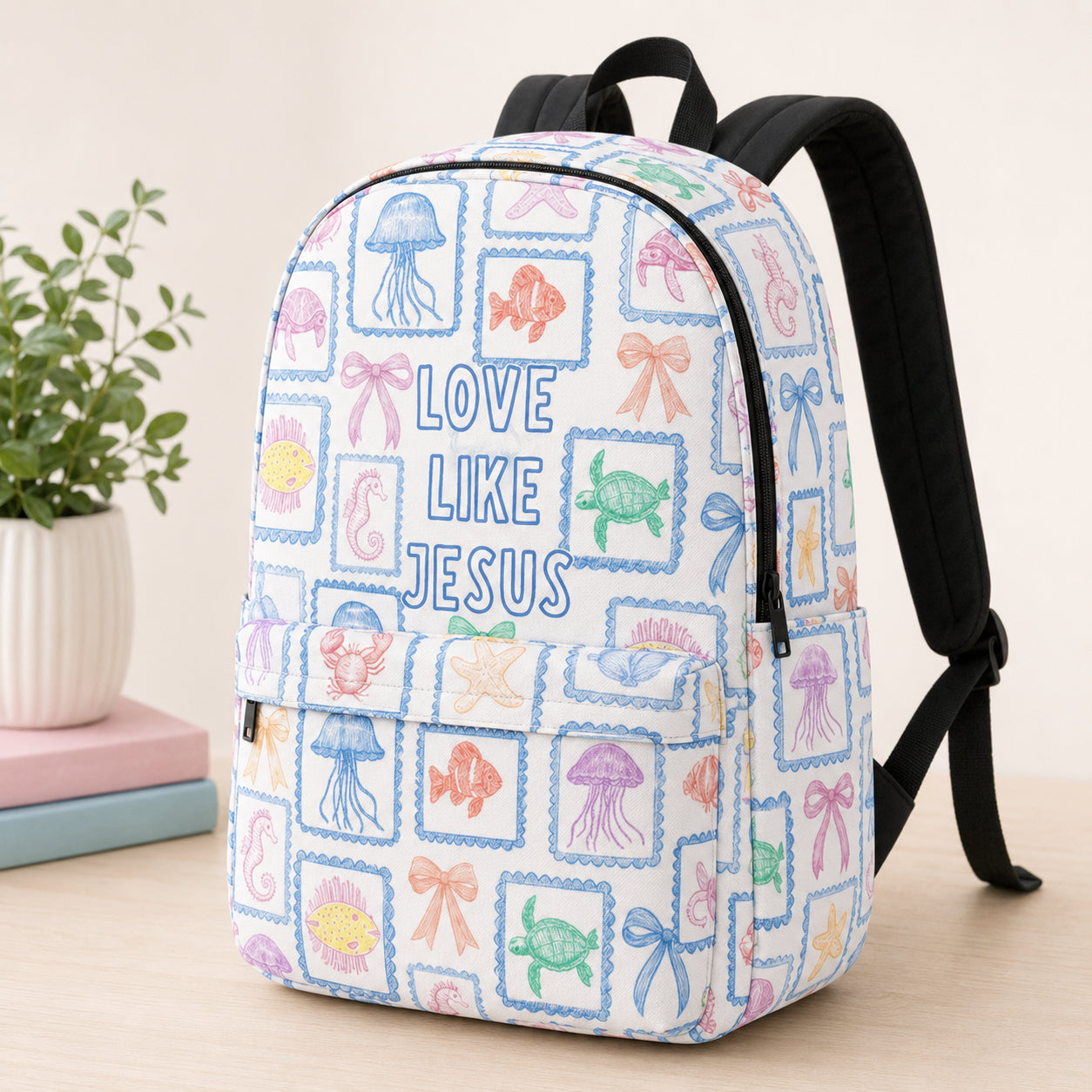 Love Like Jesus Backpack, Custom Beach Pattern Christian Aesthetic Backpack, Christian Faith Bag, Laptop Bag, Back To School Backpack PLAF76