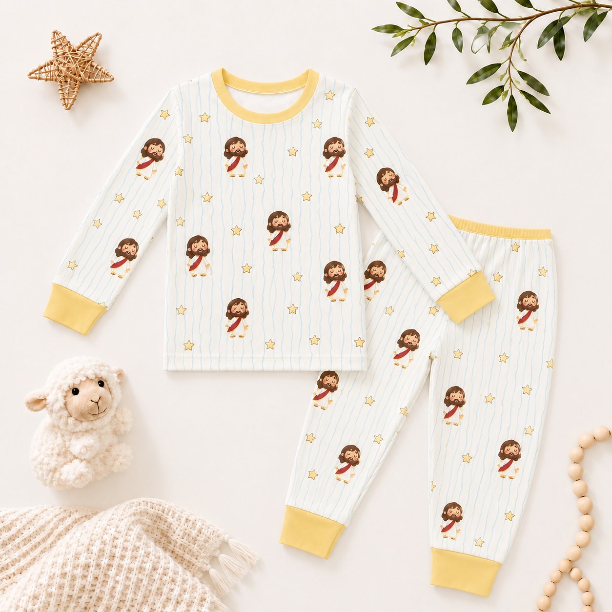 Jesus and Stars Bamboo Baby Kids Pajamas Set, Christian Toddler PJs, Religious Sleepwear, Faith Based Gift for Kids BBPJSS11