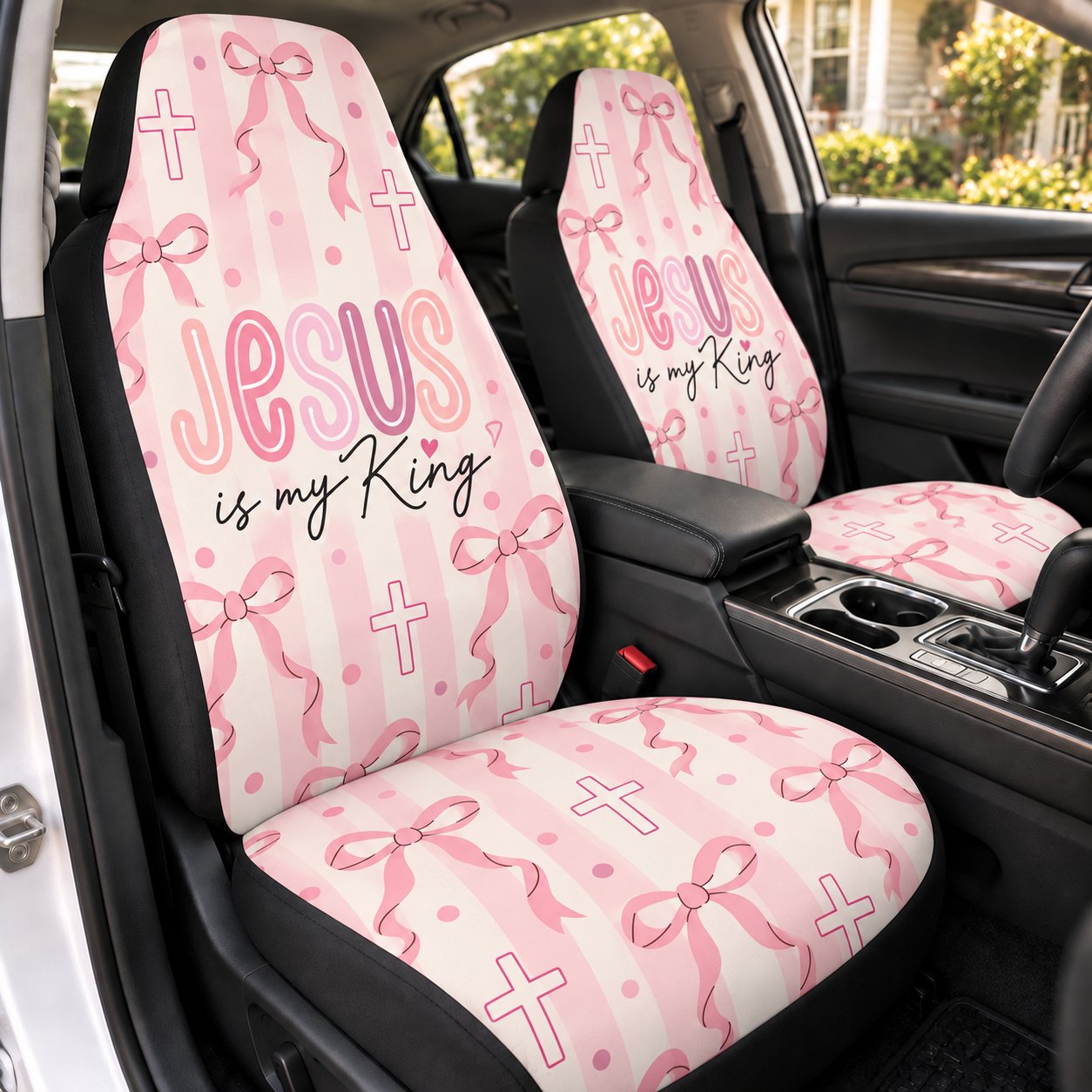 Jesus Is My King Car Seat Covers, Pink Bow Christian Auto Seat Cover, Religious Car Accessories, Faith Based Gift For Women CARSC13